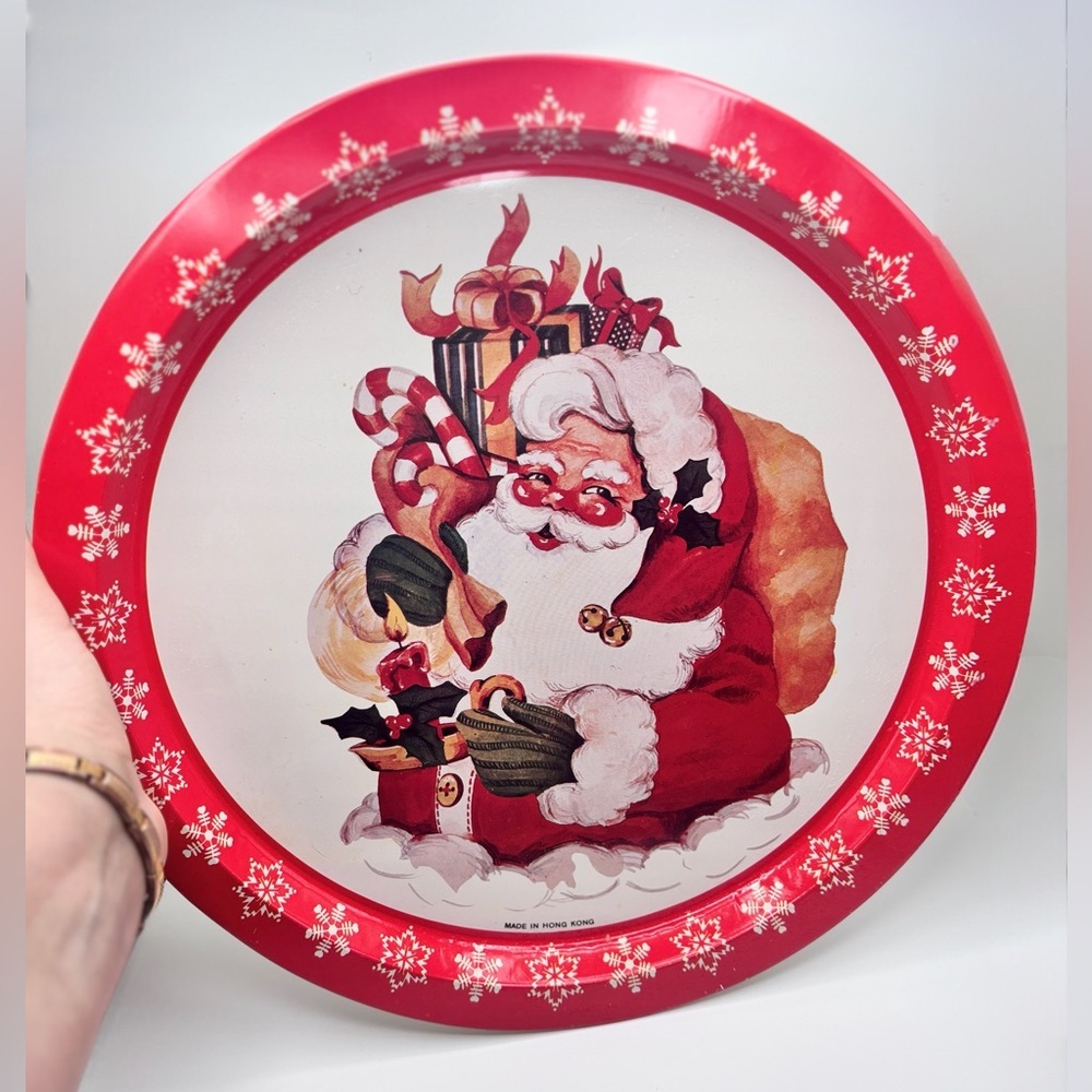 Vintage Santa Metal Serving Tray Retro Christmas Decor